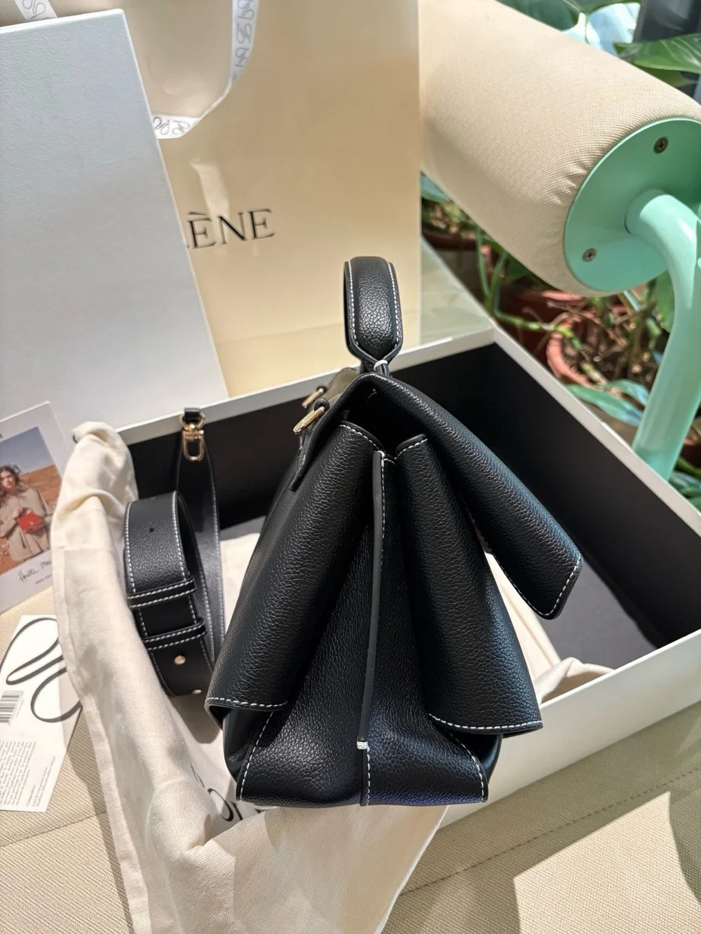 Polène Black Leather Satchel with Top Handle